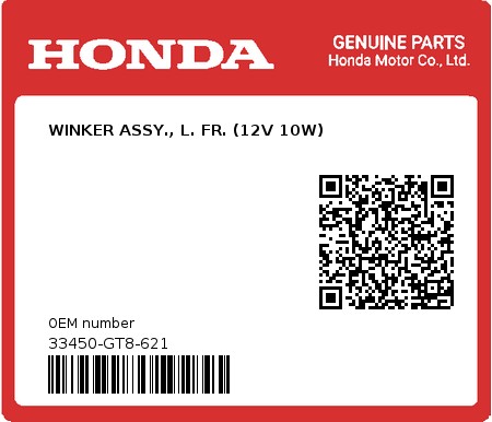 Product image: Honda - 33450-GT8-621 - WINKER ASSY., L. FR. (12V 10W)  0