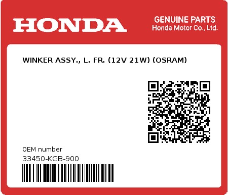 Product image: Honda - 33450-KGB-900 - WINKER ASSY., L. FR. (12V 21W) (OSRAM)  0