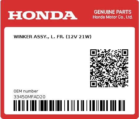 Product image: Honda - 33450MFAD20 - WINKER ASSY., L. FR. (12V 21W)  0