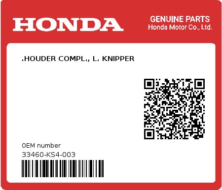 Product image: Honda - 33460-KS4-003 - .HOUDER COMPL., L. KNIPPER  0