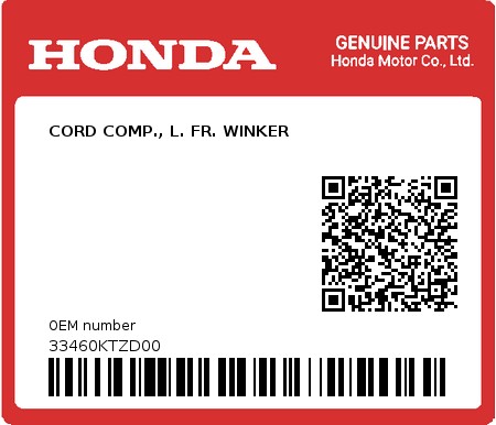 Product image: Honda - 33460KTZD00 - CORD COMP., L. FR. WINKER  0