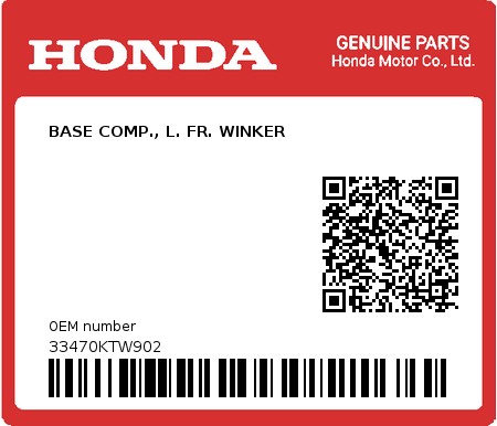 Product image: Honda - 33470KTW902 - BASE COMP., L. FR. WINKER  0