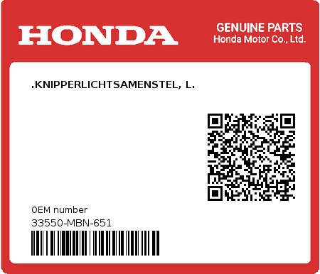 Product image: Honda - 33550-MBN-651 - .KNIPPERLICHTSAMENSTEL, L.  0