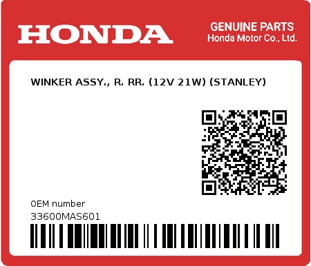 Product image: Honda - 33600MAS601 - WINKER ASSY., R. RR. (12V 21W) (STANLEY)  0