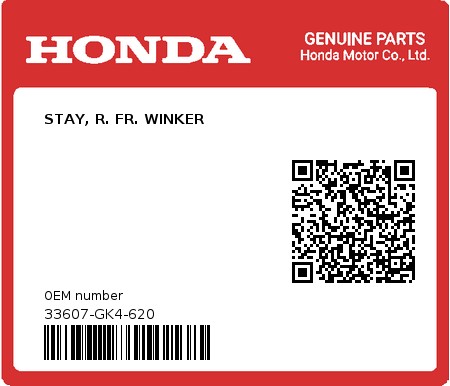 Product image: Honda - 33607-GK4-620 - STAY, R. FR. WINKER  0