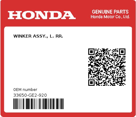 Product image: Honda - 33650-GE2-920 - WINKER ASSY., L. RR.  0