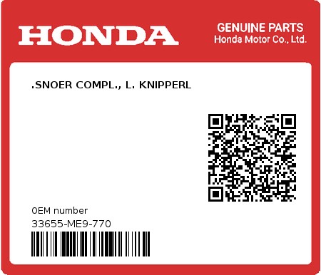Product image: Honda - 33655-ME9-770 - .SNOER COMPL., L. KNIPPERL  0
