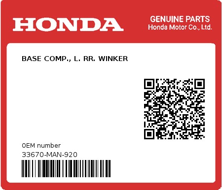 Product image: Honda - 33670-MAN-920 - BASE COMP., L. RR. WINKER  0