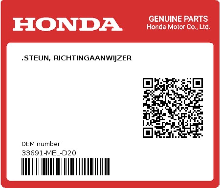 Product image: Honda - 33691-MEL-D20 - .STEUN, RICHTINGAANWIJZER  0