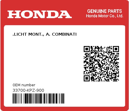 Product image: Honda - 33700-KPZ-900 - .LICHT MONT., A. COMBINATI  0