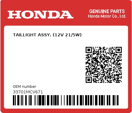Product image: Honda - 33701MCV671 - TAILLIGHT ASSY. (12V 21/5W)  0