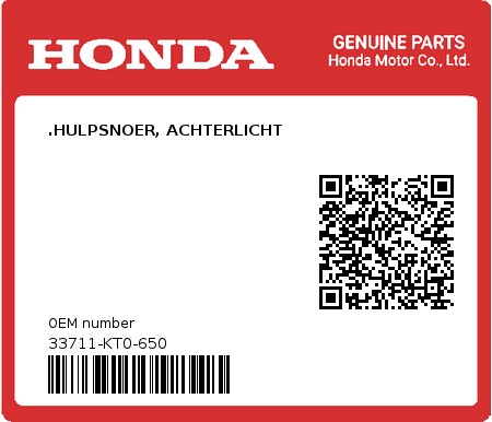 Product image: Honda - 33711-KT0-650 - .HULPSNOER, ACHTERLICHT  0