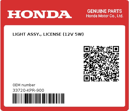 Product image: Honda - 33720-KPR-900 - LIGHT ASSY., LICENSE (12V 5W)  0