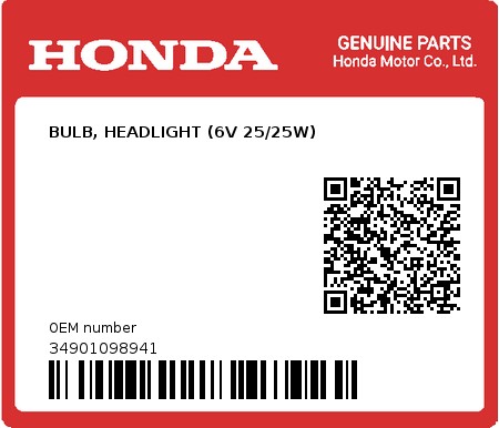 Product image: Honda - 34901098941 - BULB, HEADLIGHT (6V 25/25W)  0