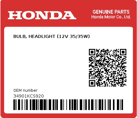 Product image: Honda - 34901KCS920 - BULB, HEADLIGHT (12V 35/35W)  0