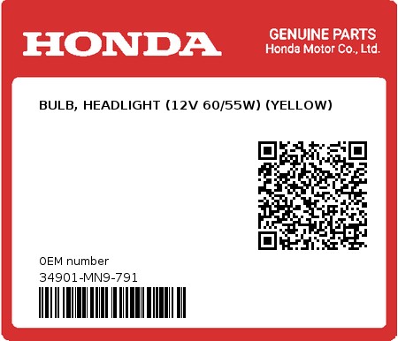Product image: Honda - 34901-MN9-791 - BULB, HEADLIGHT (12V 60/55W) (YELLOW)  0