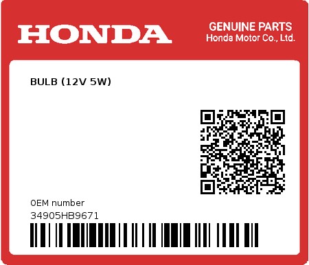 Product image: Honda - 34905HB9671 - BULB (12V 5W)  0