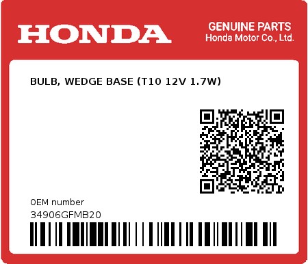 Product image: Honda - 34906GFMB20 - BULB, WEDGE BASE (T10 12V 1.7W)  0
