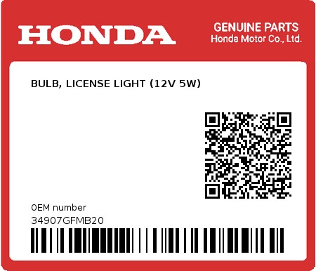 Product image: Honda - 34907GFMB20 - BULB, LICENSE LIGHT (12V 5W)  0
