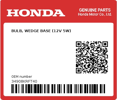 Product image: Honda - 34908KRFT40 - BULB, WEDGE BASE (12V 5W)  0