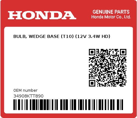 Product image: Honda - 34908KTT890 - BULB, WEDGE BASE (T10) (12V 3.4W HD)  0