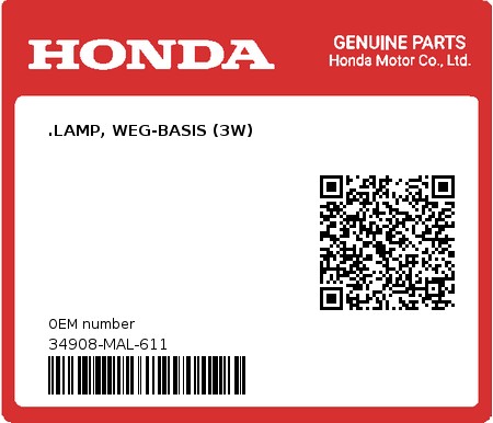 Product image: Honda - 34908-MAL-611 - .LAMP, WEG-BASIS (3W)  0