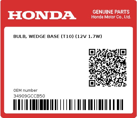 Product image: Honda - 34909GCCB50 - BULB, WEDGE BASE (T10) (12V 1.7W)  0