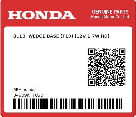 Product image: Honda - 34909KTT890 - BULB, WEDGE BASE (T10) (12V 1.7W HD)  0