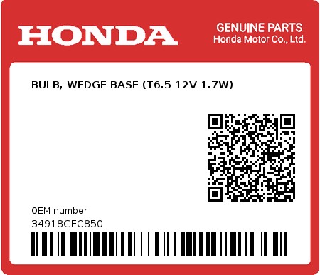 Product image: Honda - 34918GFC850 - BULB, WEDGE BASE (T6.5 12V 1.7W)  0