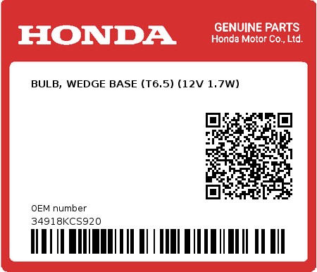 Product image: Honda - 34918KCS920 - BULB, WEDGE BASE (T6.5) (12V 1.7W)  0