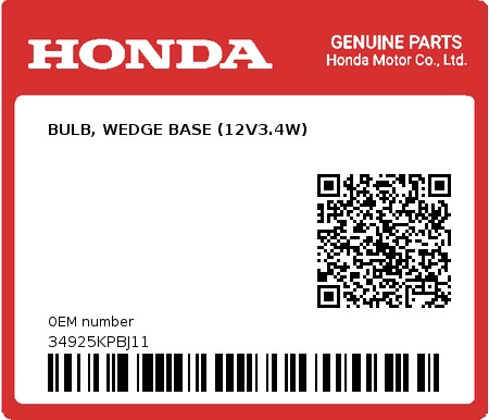 Product image: Honda - 34925KPBJ11 - BULB, WEDGE BASE (12V3.4W)  0