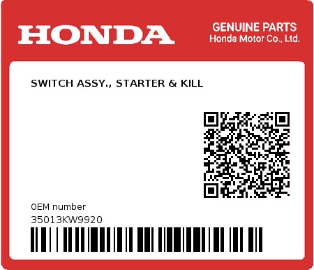 Product image: Honda - 35013KW9920 - SWITCH ASSY., STARTER & KILL  0