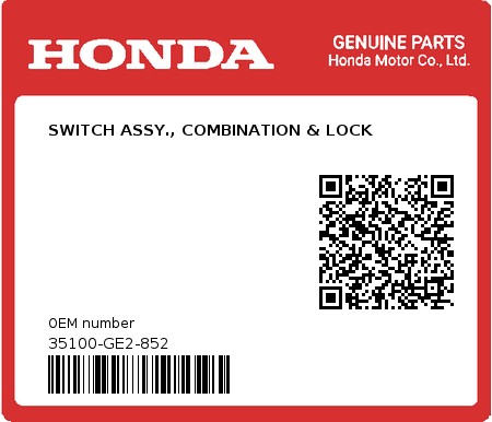 Product image: Honda - 35100-GE2-852 - SWITCH ASSY., COMBINATION & LOCK  0