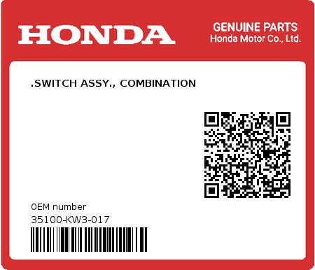 Product image: Honda - 35100-KW3-017 - .SWITCH ASSY., COMBINATION  0