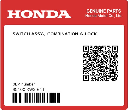 Product image: Honda - 35100-KW3-611 - SWITCH ASSY., COMBINATION & LOCK  0