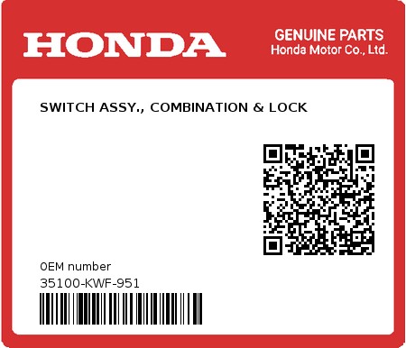 Product image: Honda - 35100-KWF-951 - SWITCH ASSY., COMBINATION & LOCK  0