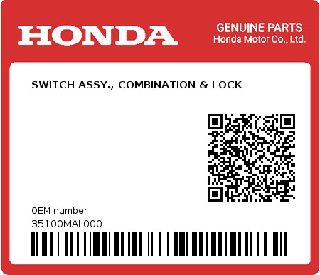 Product image: Honda - 35100MAL000 - SWITCH ASSY., COMBINATION & LOCK  0