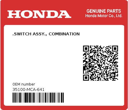 Product image: Honda - 35100-MCA-641 - .SWITCH ASSY., COMBINATION  0