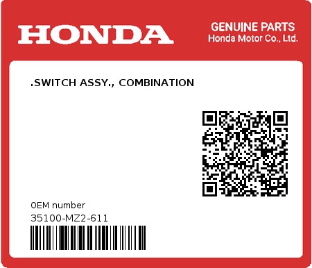 Product image: Honda - 35100-MZ2-611 - .SWITCH ASSY., COMBINATION  0