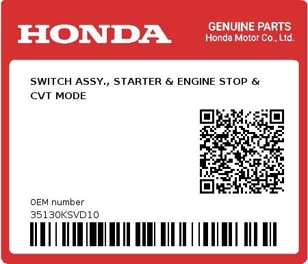 Product image: Honda - 35130KSVD10 - SWITCH ASSY., STARTER & ENGINE STOP & CVT MODE  0