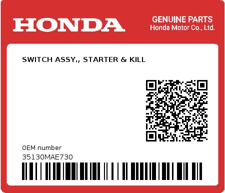 Product image: Honda - 35130MAE730 - SWITCH ASSY., STARTER & KILL  0