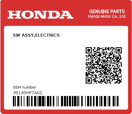 Product image: Honda - 35140HP7A02 - SW ASSY,ELECTRICS  0