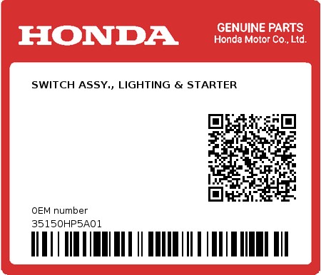Product image: Honda - 35150HP5A01 - SWITCH ASSY., LIGHTING & STARTER  0