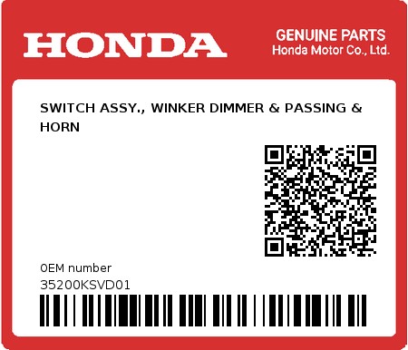 Product image: Honda - 35200KSVD01 - SWITCH ASSY., WINKER DIMMER & PASSING & HORN  0