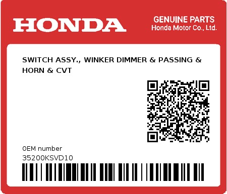 Product image: Honda - 35200KSVD10 - SWITCH ASSY., WINKER DIMMER & PASSING & HORN & CVT  0