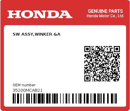 Product image: Honda - 35200MCAB21 - SW ASSY,WINKER &A  0