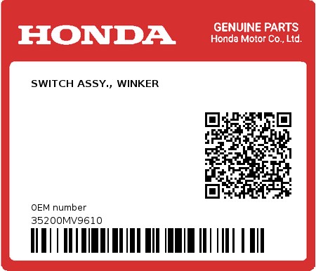 Product image: Honda - 35200MV9610 - SWITCH ASSY., WINKER  0