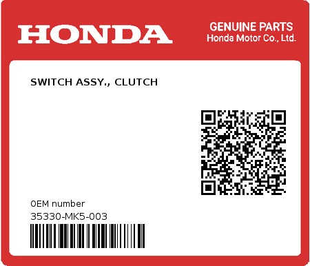 Product image: Honda - 35330-MK5-003 - SWITCH ASSY., CLUTCH  0