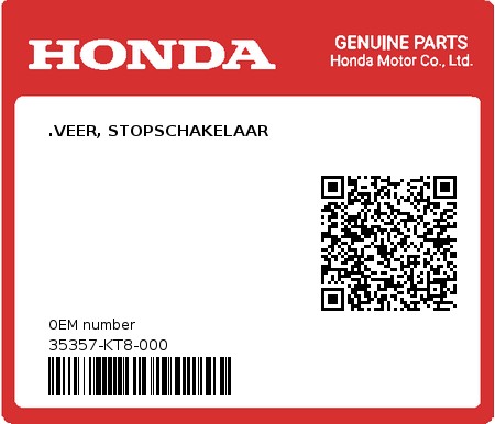 Product image: Honda - 35357-KT8-000 - .VEER, STOPSCHAKELAAR  0