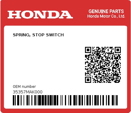 Product image: Honda - 35357MAK000 - SPRING, STOP SWITCH  0